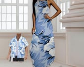 Matching Floral Maxi Dress & Men’s Shirt Set, Sleeveless Spaghetti Strap Evening Gown, Formal S-6XL Plus Size