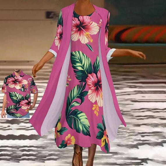 Vibrant Pink Hawaiian Tropical Dress Set  2 Piece Maxi Dress and Cardigan,  Luau Cruise Polynesian Vacation Outfit, Plus Size S5XL - Etsy Israel