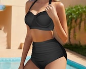 Custom Black Two Piece Swimsuit – Women’s Bikini Set, Trendy Bathing Suit, High Waisted Supportive Swimwear, Sexy Beach Outfit, Pool Party