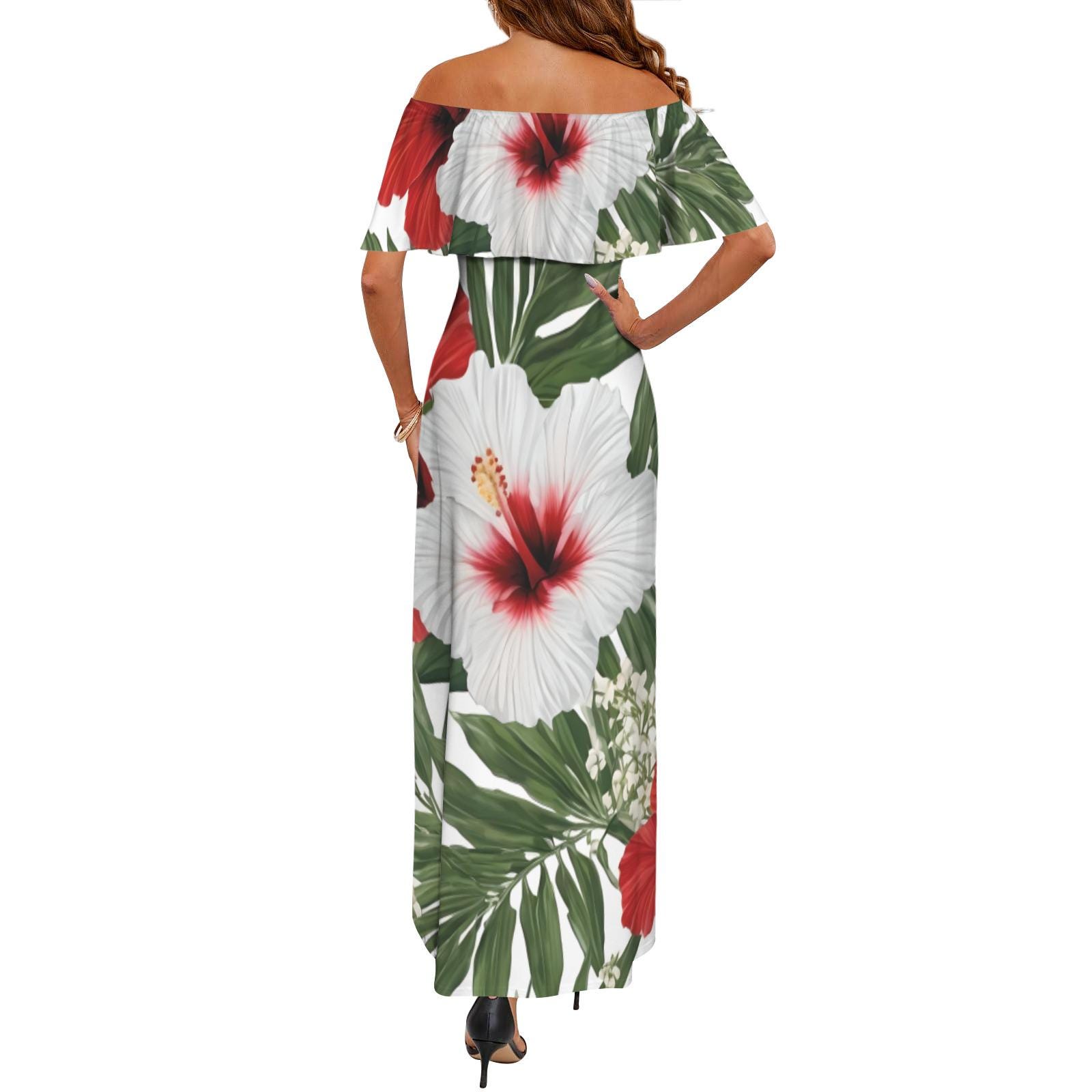 Beach White Retro Tropical Off-Shoulder Hawaiian Maxi Dress - Cruise & Vacation Outfit - Plus Size S-6x