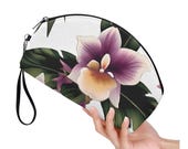 Floral PU Leather Cosmetic Bag, Curved Travel Makeup Organizer with Removable Handles, Lightweight Portable Beauty Storage for Cosmetics