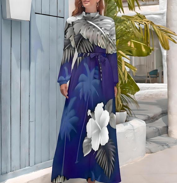 Floral Maxi Dress: Elegant High Neck Long Sleeve Boho Gown