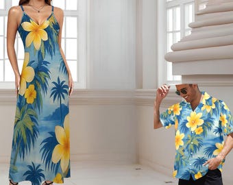 Vintage Blue Hibiscus Hawaiian Maxi Dress – Spaghetti Strap Luau & Cruise Outfit, Plus Size S–2XL