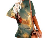 Merry Christmas Santa Reindeer T-Shirt, Ice Silk V-Neck Short-Sleeve Women’s Casual Top, Holiday Gift