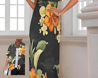 Diamond Black Hawaiian Couples Set – Tropical Polynesian Cruise Maxi Dress S‑6XL & Matching Men’s Shirt