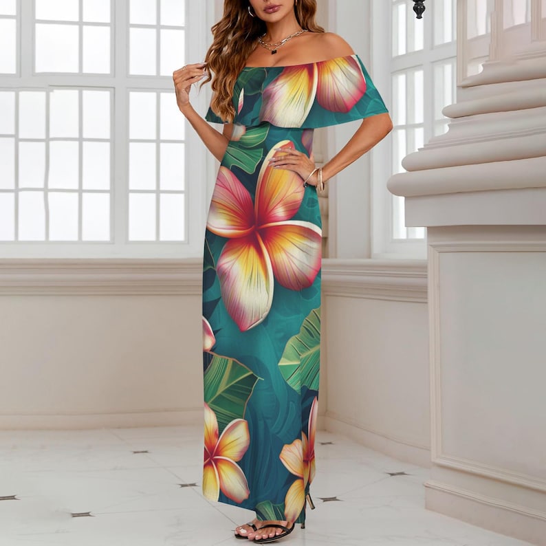 Teal Tropical Floral Retro Hawaiian Maxi Dress – Vintage Polynesian ...