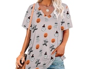 Vintage Halloween Ghost V-Neck Tee: Floral Pumpkin Season Shirt