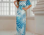 Retro Tropical Blue Leaves Boho Hawaiian Dress for Cruise & Vacation – S-6XL Plus Size