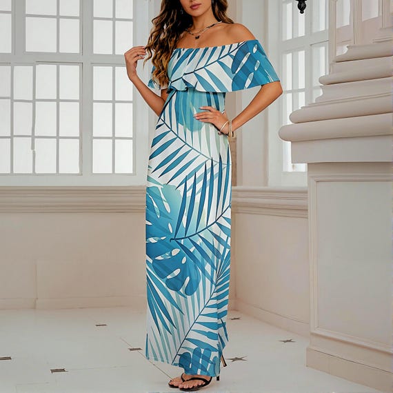Vintage Tropical Blue Leaves Hawaiian Dress - Cruise & Vacation Outfit - Plus Size S-6XL