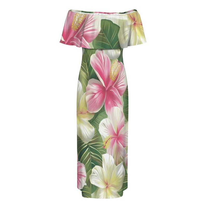 White Tropical Floral Hawaiian Maxi Dress Off‑shoulder Vintage Print ...