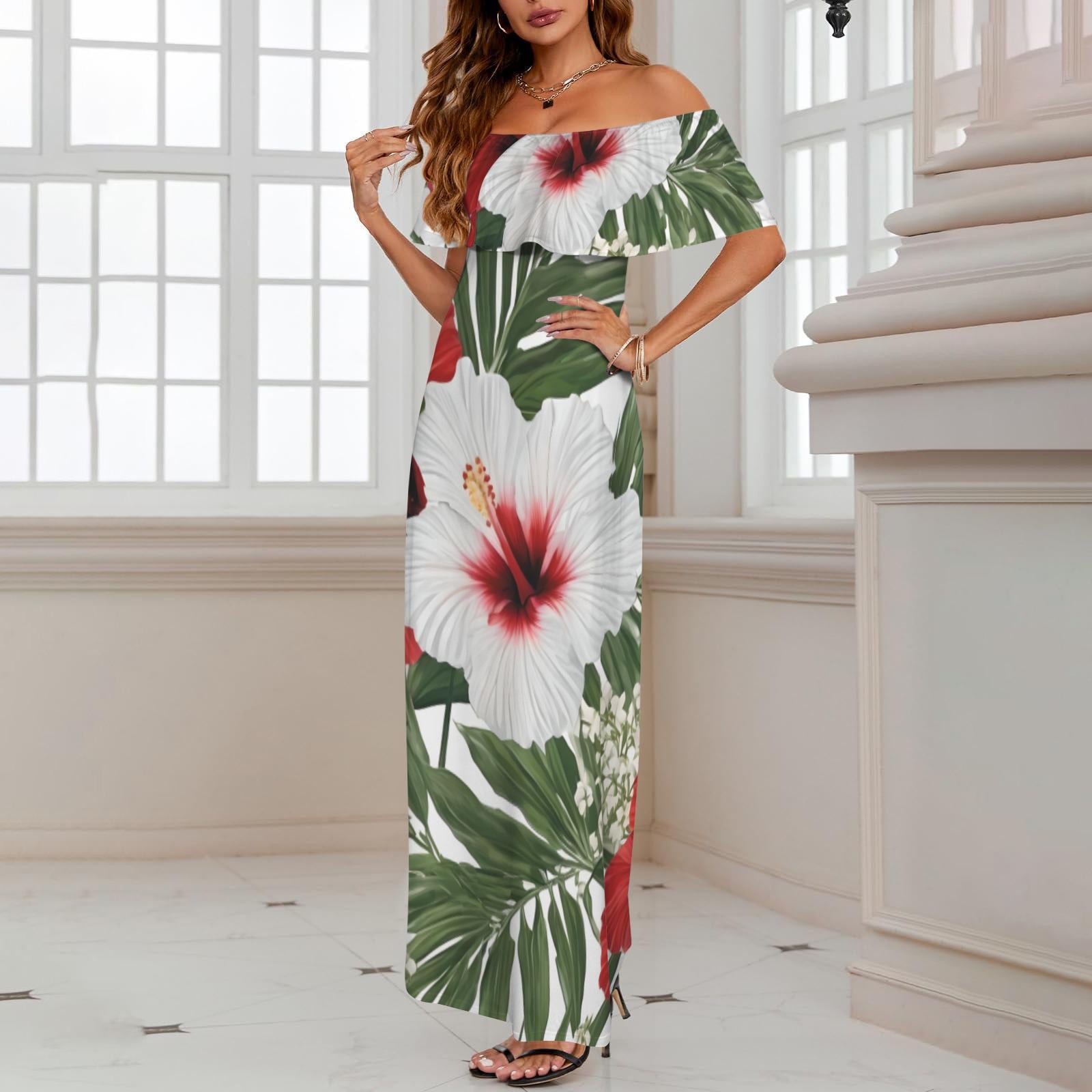 chinese dress ladies Lauae Fern Hawaiian Print Off Shoulder Maxi-style Dress