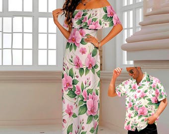 Vestido largo hawaiano para parejas en vibrante rosa orquídea – Vestido floral tropical de verano con hombros descubiertos, tallas grandes S-6XL – Conjunto hawaiano a juego