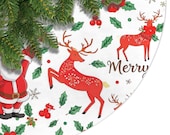 Santa & Reindeer Christmas Tree Skirt - 48" Polyester Holiday Decor