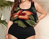 Plus Size Black Floral 2‑Piece Swimsuit Set — Supportive Tankini  XL–4XL