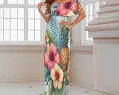 Hawaiian Dress Women Tropical Polynesian Floral Print Prom, Cruise & Vacation Maxi - Plus Sizes S to 5XL