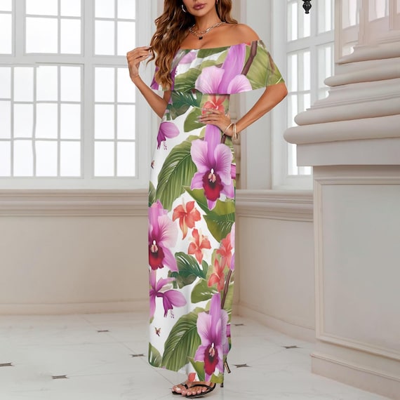 White Hawaiian Maxi Dress - Red Yellow Hibiscus, Plus Size S-6XL, Couples & Matching Shirt White Hawaiian Maxi Dress - Red Yellow Hibiscus, Plus Size S-6XL, Couples & Matching Shirt