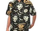 Vintage Halloween Graphic Print Button-Up Shirt - Breathable Polyester Blend - Sizes XS–7XL
