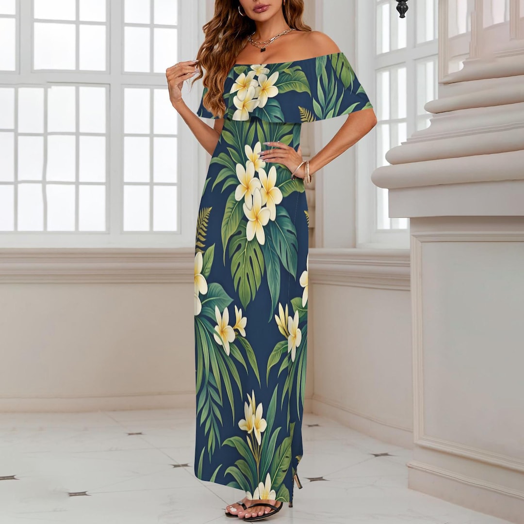 Navy Tropical Floral Retro Hawaiian Maxi Dress – Vintage Polynesian ...