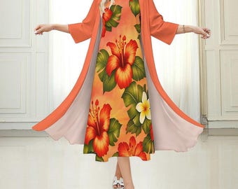 Conjunto de vestido hawaiano floral Coral Sunset para mujer: cárdigan largo y vestido sin mangas, tallas grandes S-5XL.