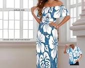 Retro Hawaiian Maxi Dress Blue Floral, Vintage Polynesian Gown S-6XL Plus Size