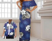 Blue Maxi Hawaiian Dress Polynesian - Vintage Print for Cruise, Weddings, Luau - Plus Size S-6XL