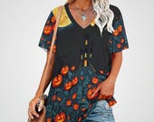 Women's Halloween V-Neck Tee: Spooky Pumpkin Print Top (S-5XL)