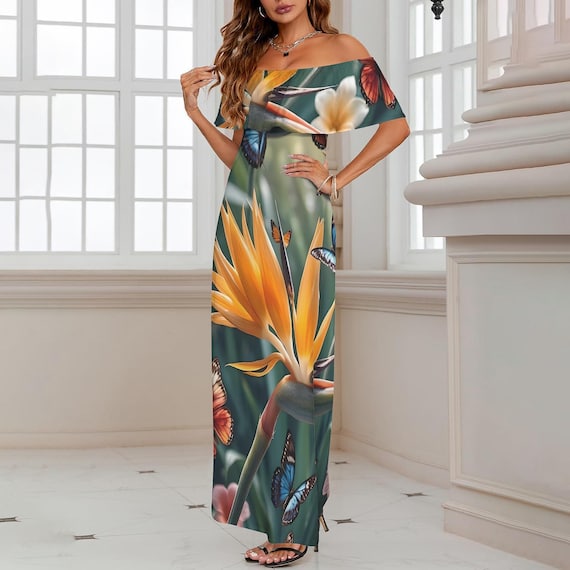 luau prom dress Tropical Green Bird of Paradise off Shoulder Dress – Floral Butterfly Print  Summer Cruise Vacation Mother's Day Prom Outfit, Plus Size S‑6XL