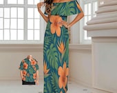 Floral Hawaiian Maxi Dress – Off Shoulder Tropical Vacation and Cruise Outfit, Plus Sizes S-6XL