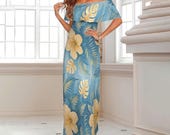 Blue Hawaiian Maxi Dress Off-Shoulder Ruffle Trim, Plus Size Resort Wear