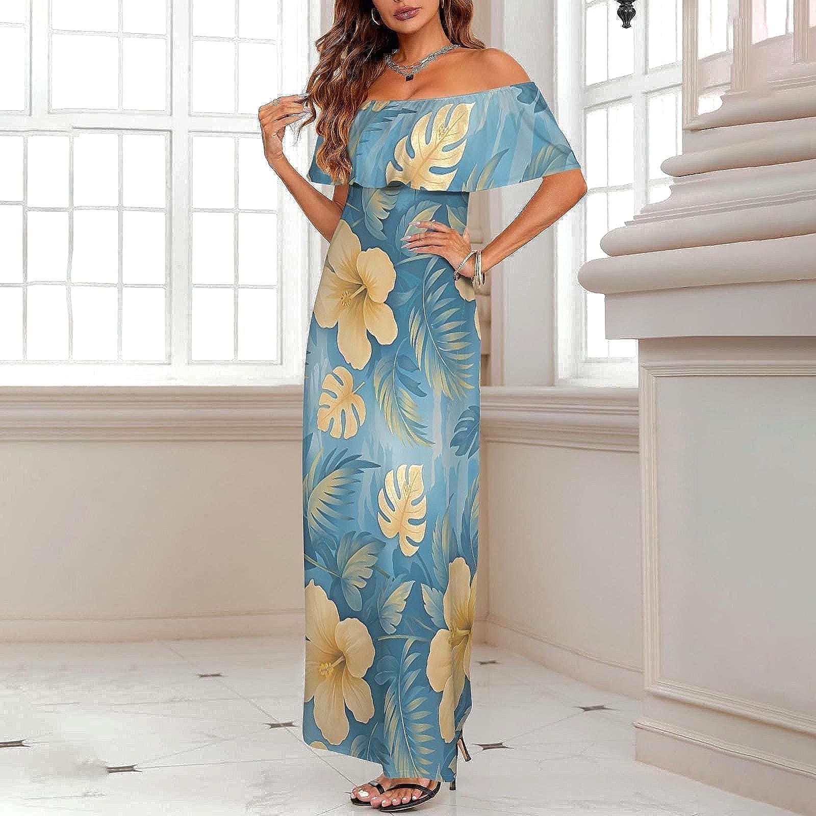 hawaiian off the shoulder maxi dress Waipio Off Shoulder Hibiscus Ankle Length Hawaiian Dress