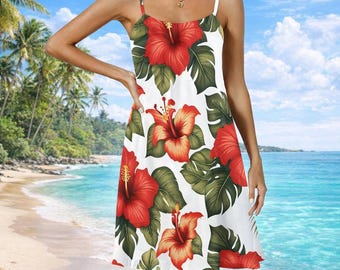 WHITE Hawaiian Midi Dress Red Hibiscus Spaghetti Strap Chiffon Summer Outfit Plus Size S‑5XL