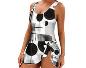Hawaiian Skirted One-Piece Swimsuit – Geometric Abstract Modest Swimwear for Women, S-5X Plus Size