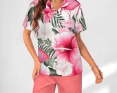 Pink Hawaiian Pajama Shorts Set Womens 2 Piece Sleepwear XS-5XL Plus Sizes Cool Summer Loungewear