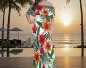 Vintage Hawaiian Hibiscus Maxi Dress: Tropical Off-Shoulder Polynesian  S‑6XL Plus Size