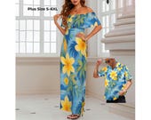 Vintage Hawaiian Off-Shoulder Dress – Tropical Polynesian Floral Print – Vacation Cruise Couple Wear – Plus Size S-6XL