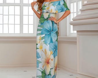 hawaiian themed prom dresses Atoll Blue Maxi Hawaiian Dress with Hibiscus Print