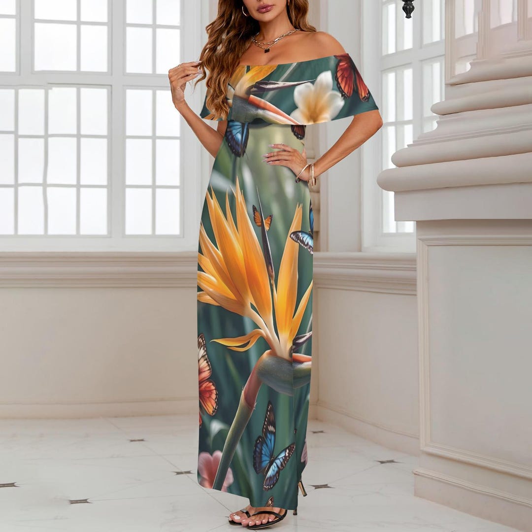 Tropical Green Bird of Paradise off Shoulder Dress – Floral Butterfly ...