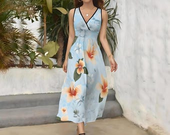 Sky Blue Sleeveless Floral Hawaiian Maxi Dress: Sleeveless Boho Cottagecore S - 2X