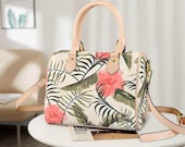 Custom Floral Designer Purse – Khaki Handle Handbag, Gift for Her, Stylish Shoulder Bag, Personalized PU Leather Tote