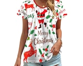 Women's Christmas V-Neck Tee | Santa Reindeer Print Top S-5XL | Holiday Short Sleeve T-Shirt | Festive Xmas Gift Idea