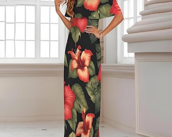 Deep Navy Vintage Hawaiian Maxi Dress – Polynesian Floral Gown, Plus Size S‑6XL