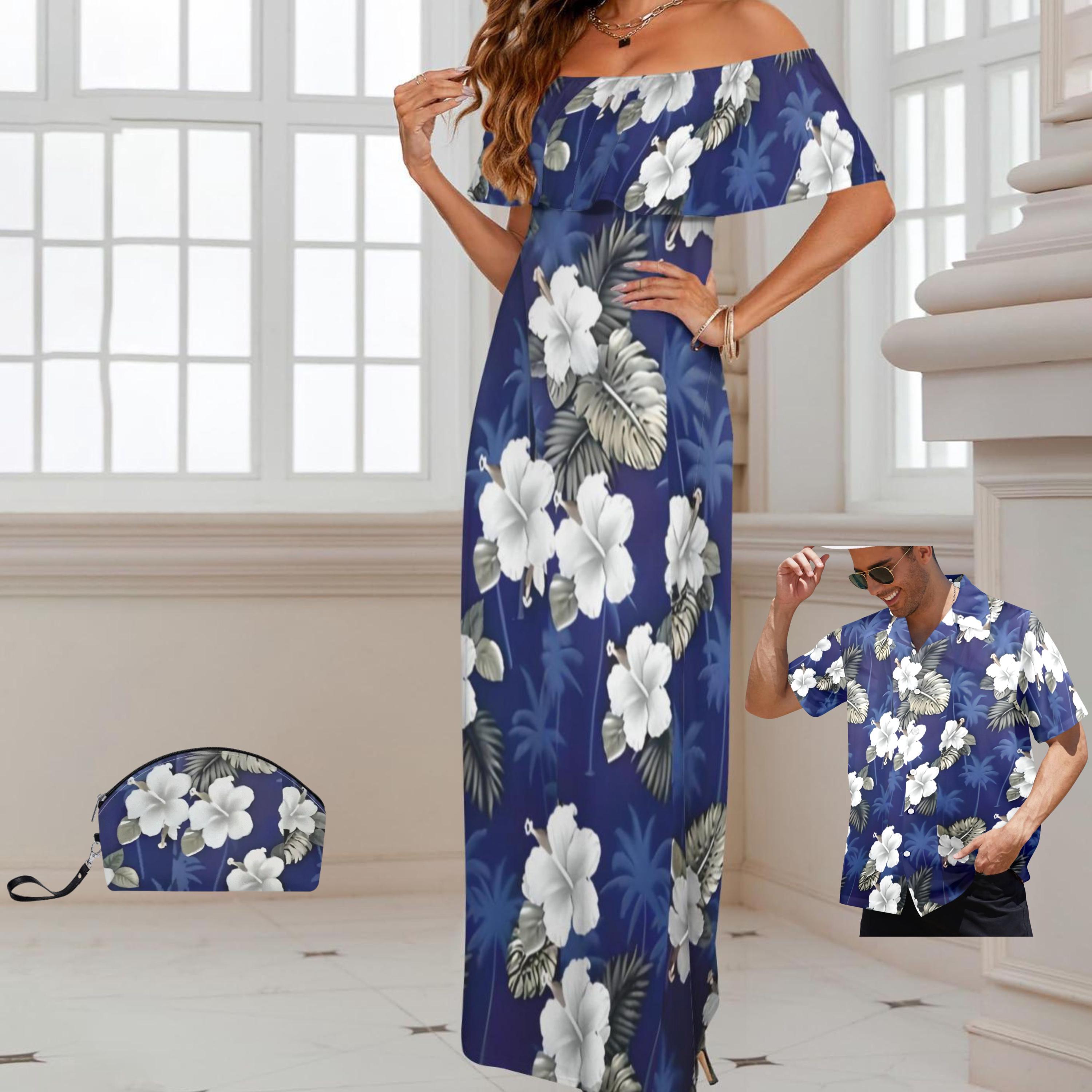 Women's Hawaiian Luau Hibiscus Blue Maxi Sweetheart Dress