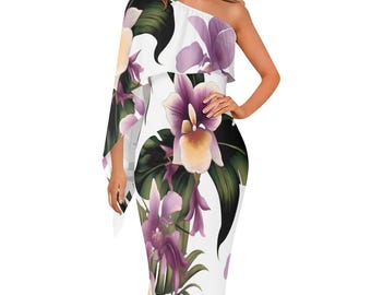 Vestido largo hawaiano blanco con estampado de hibisco morado – Estilo crucero vintage, un solo hombro, tallas grandes S-6XL, cárdigan a juego disponible.