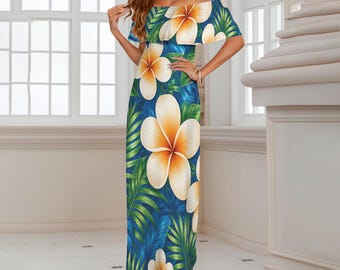 Ocean Blue Retro Hawaiian Polynesian Maxi Dress – Vintage Tropical Print for Cruise Vacations & Beach Weddings – Plus Size S‑6XL
