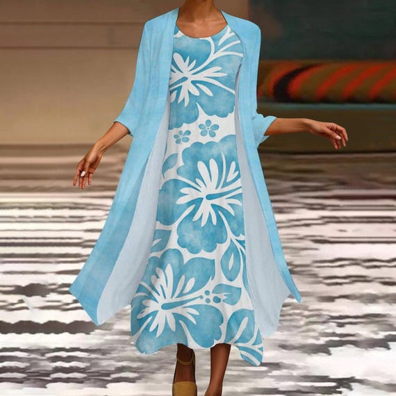 Aqua Marine Hawaiian Maxi Dress - Tropical Floral Luau Cruise Wedding Guest Plus Size S-5XL