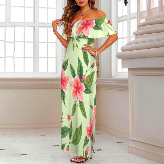 hawaiian dresses for ladies Blue Hawaii Long Maxi Rayon Dress Blue / L Aqua and Beige. Qwertyu Hawaiian Dresses For Women