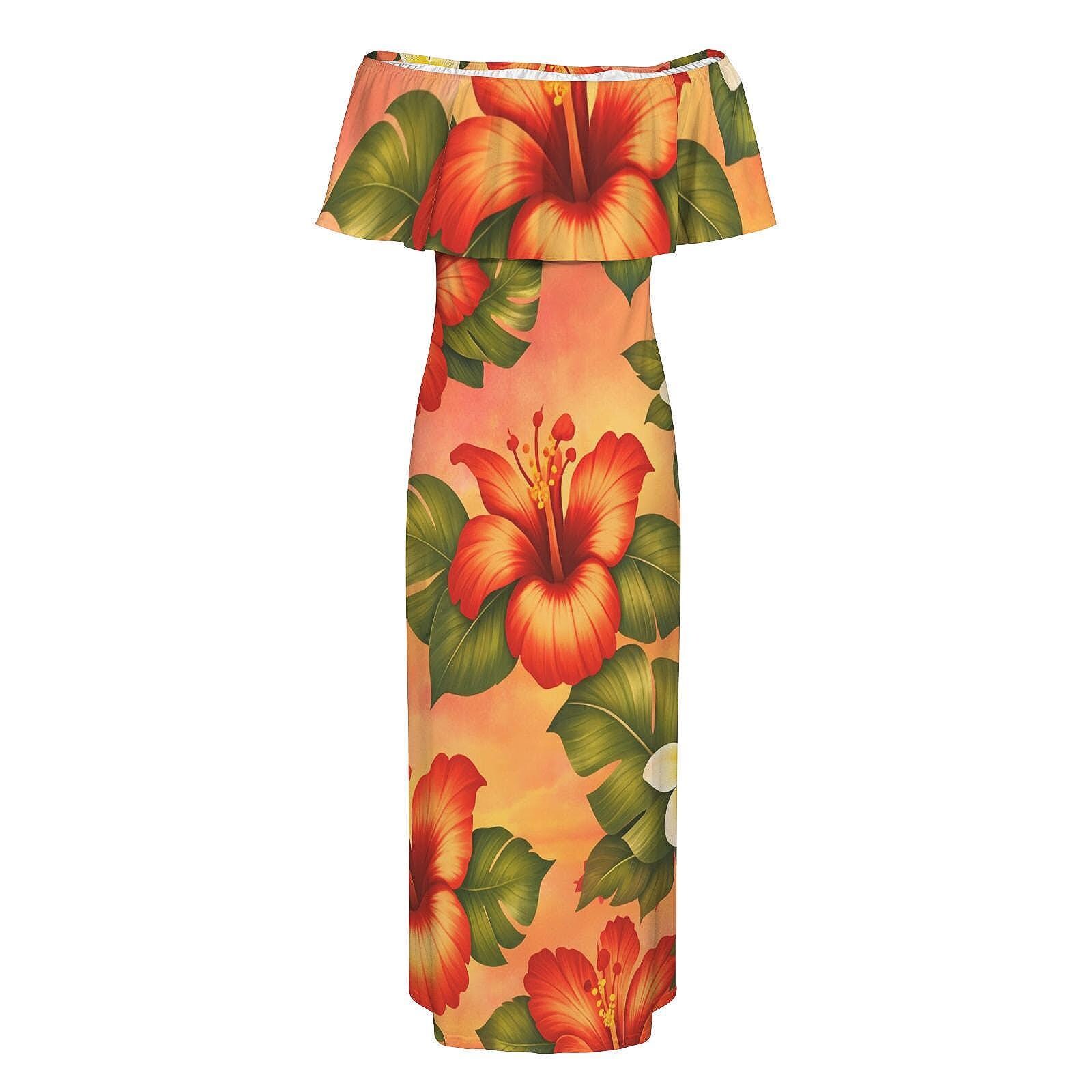 Coral Sunset Hawaiian Maxi Dress – Red & Yellow Hibiscus Floral Cruise ...
