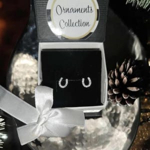 May include: A pair of horseshoe-shaped stud earrings with clear gemstones, presented in a black box. The box is inside a decorative silver dish, with a white ribbon and bow. The label reads "Ornaments Collection".
