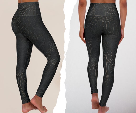 ハイウエストのブラックヨガレギンス：アスレジャーワークアウトパンツ