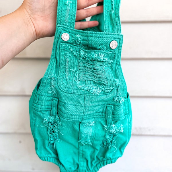 Distressed Denim Green Bubble Romper